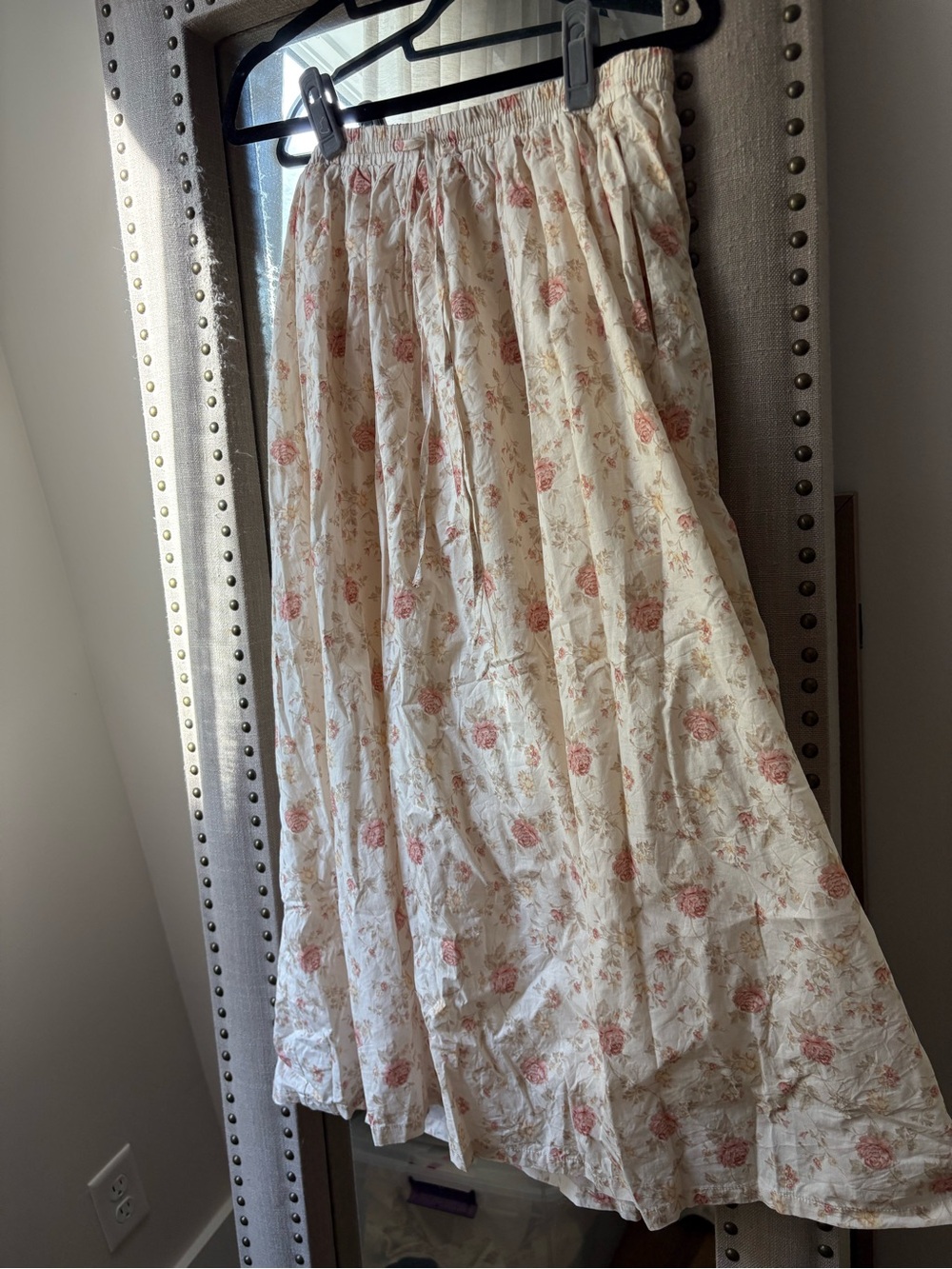 Cream Floral Maxi Skirt with Pink Rose Print - Brand Unspecified